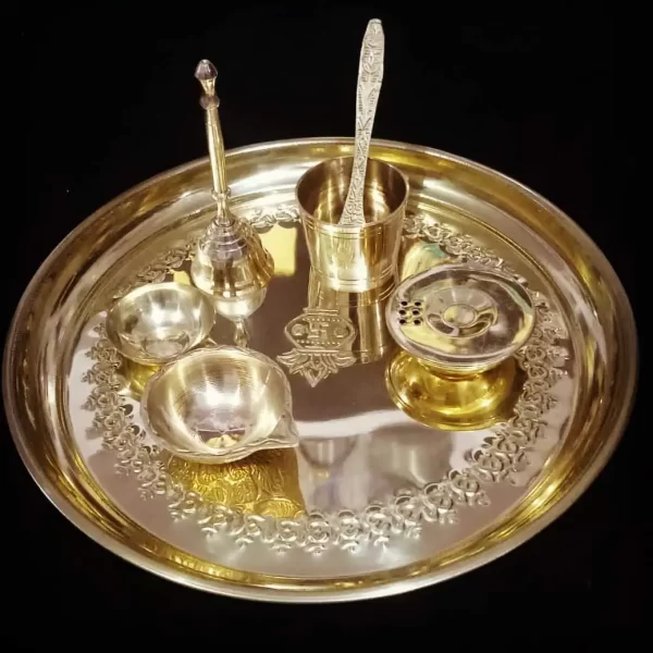 Pure Brass Pooja Thali Set , 10 Inches (7 Pieces)